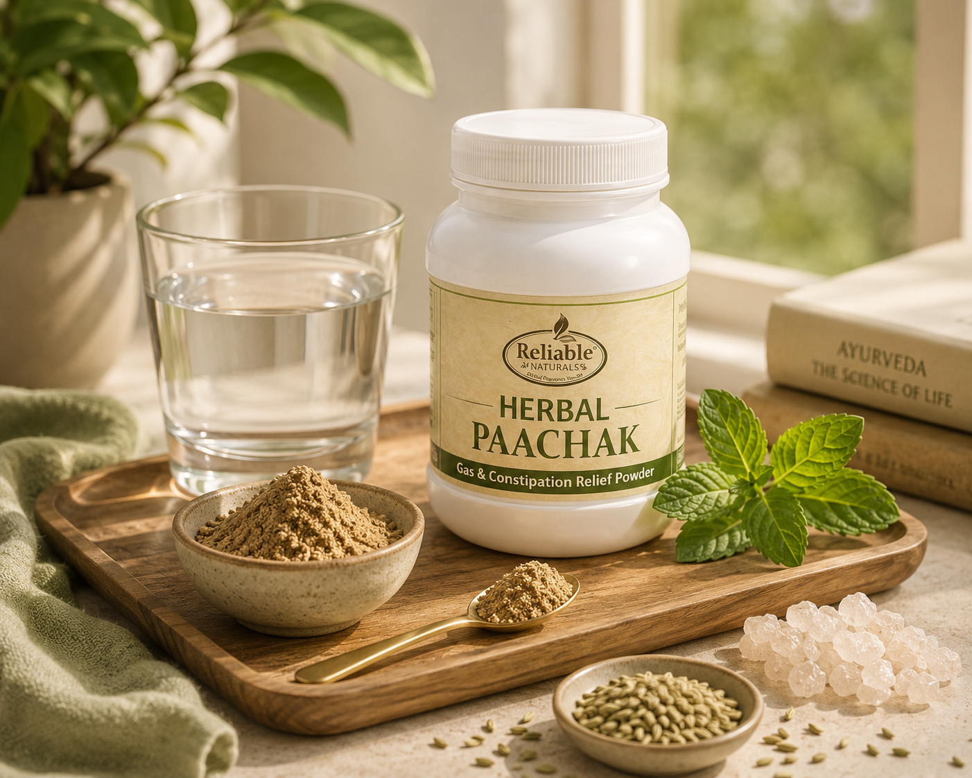 Herbal Paachak jar with warm water and herbs