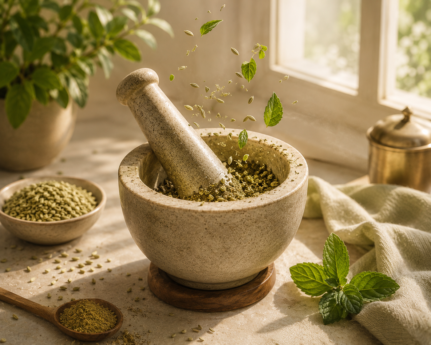 Grinding herbs in a mortar and pestle